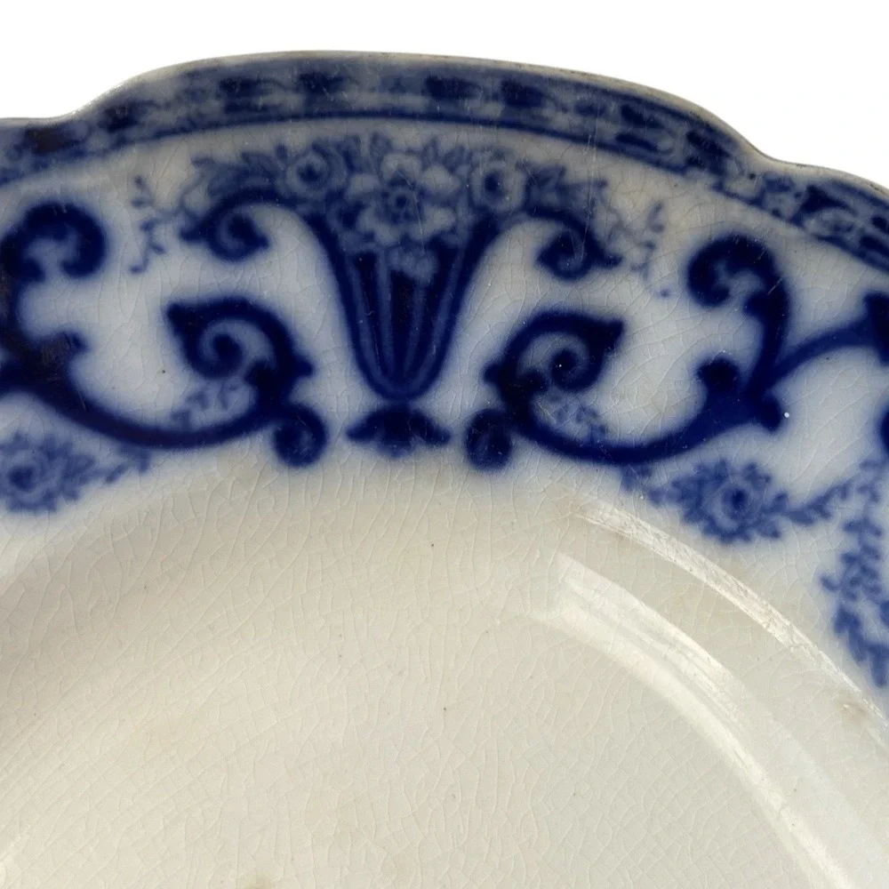 Antique W H GRINDLEY Denton Flow Blue Platter England 1800s Scalloped Edge